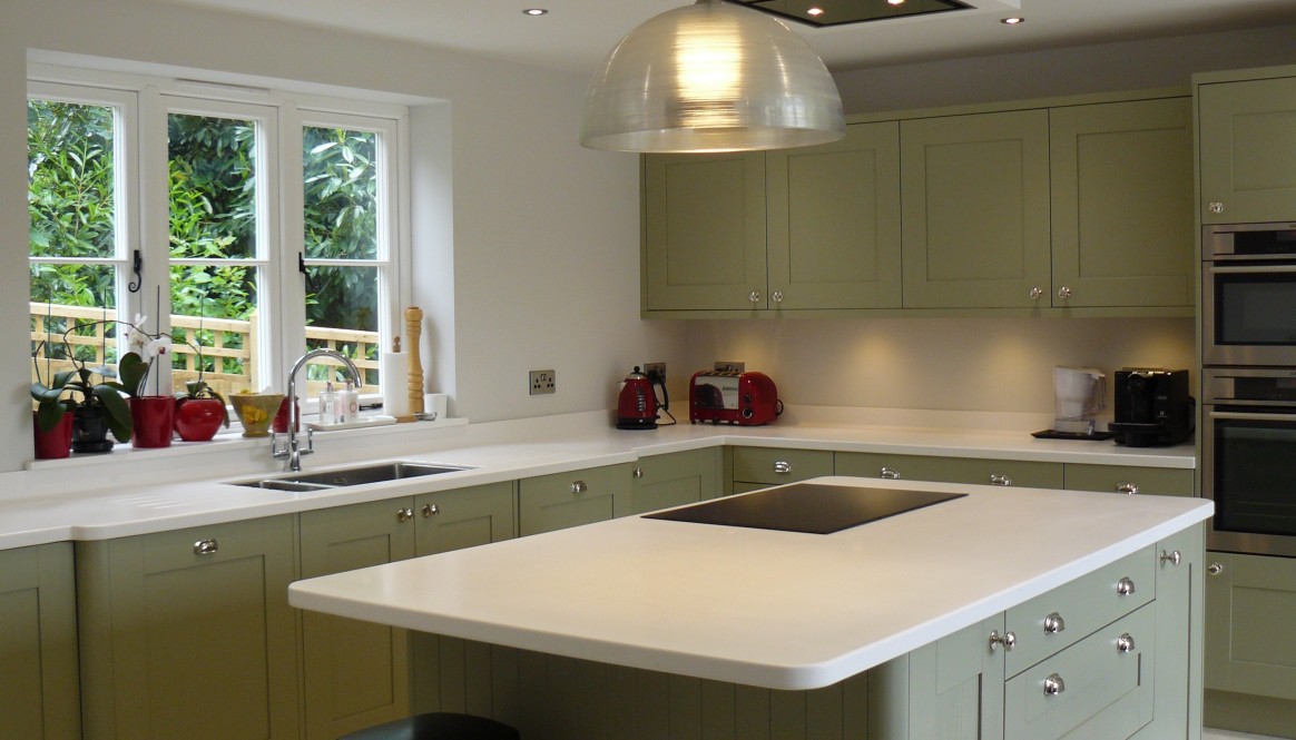 Shaker Painted Sage Grey with Corian Worktops