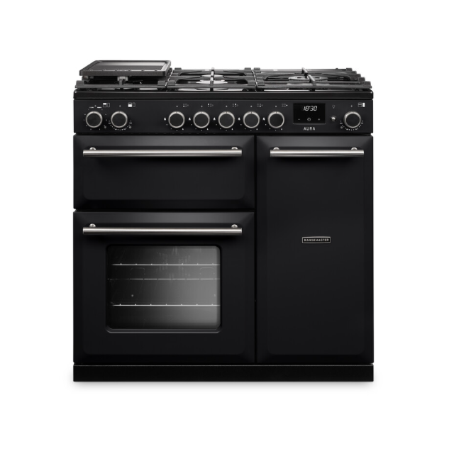 Rangemaster Aura 90cm Dual Fuel Black - Brushed Nickel