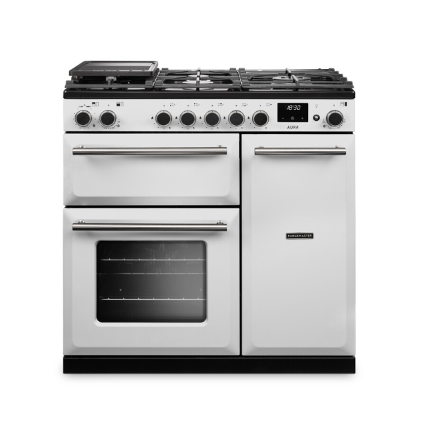 Rangemaster Aura 90cm Dual Fuel White - Brushed Nickel
