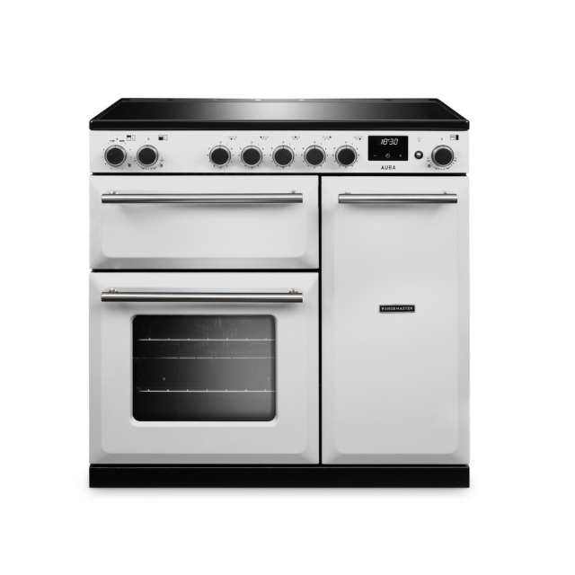 Rangemaster Aura 90cm Induction White (Paint) - Brushed Nickel